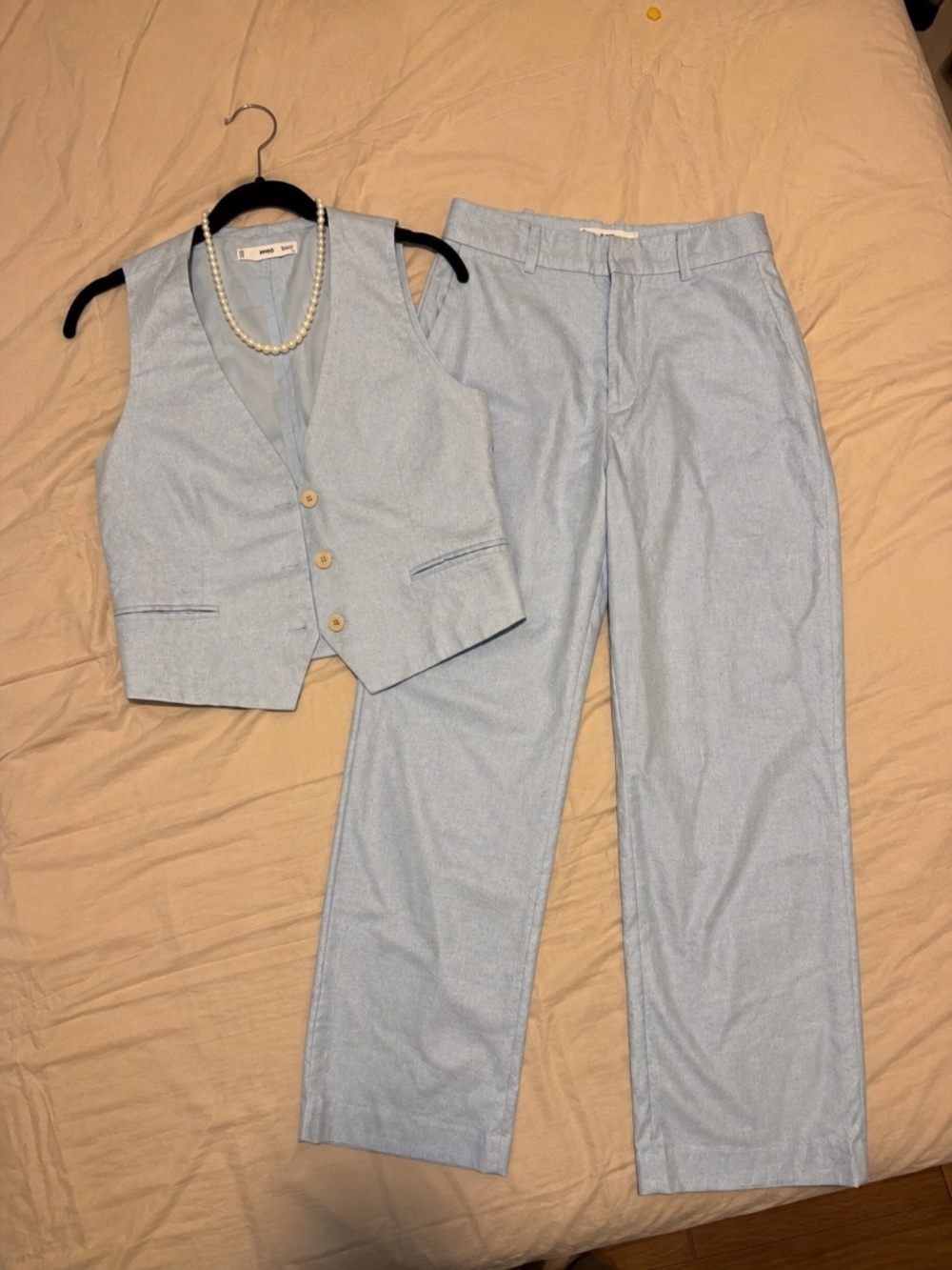 Mango Pale Blue Linen Vest & Tailored Pants Set XS / 2